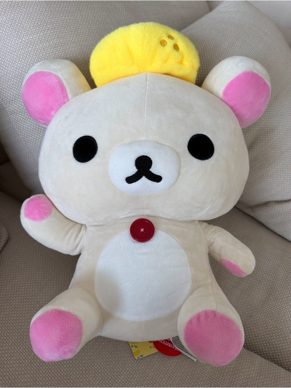 Kawaii Cream and Pink Plush Bear with Yellow Hat - Rilakkuma Style